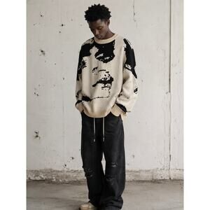 IH NOM UH NIT Abstract Face Oversized Knit Sweater Graphic Intarsia Pullover